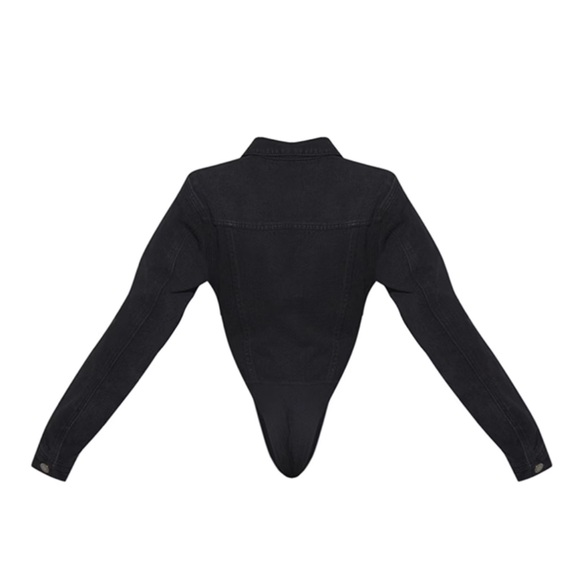 PRETTY LITTLE THING WASHED BLACK POCKET FRONT DENIM JACKET HIGH SIDE BODYSUIT - Picture 5 of 9